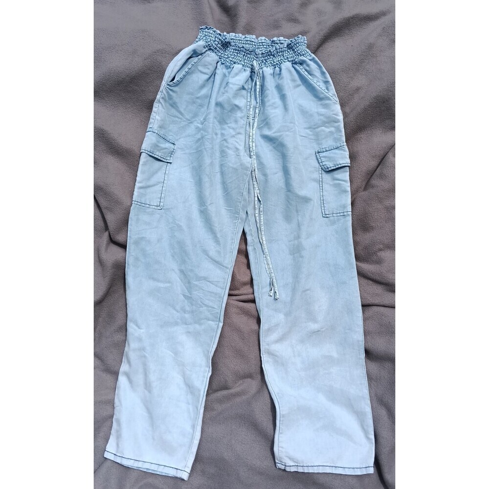 RD & Koko Chambray Denim Flowy Wide Leg Elastic Waist Pants Medium